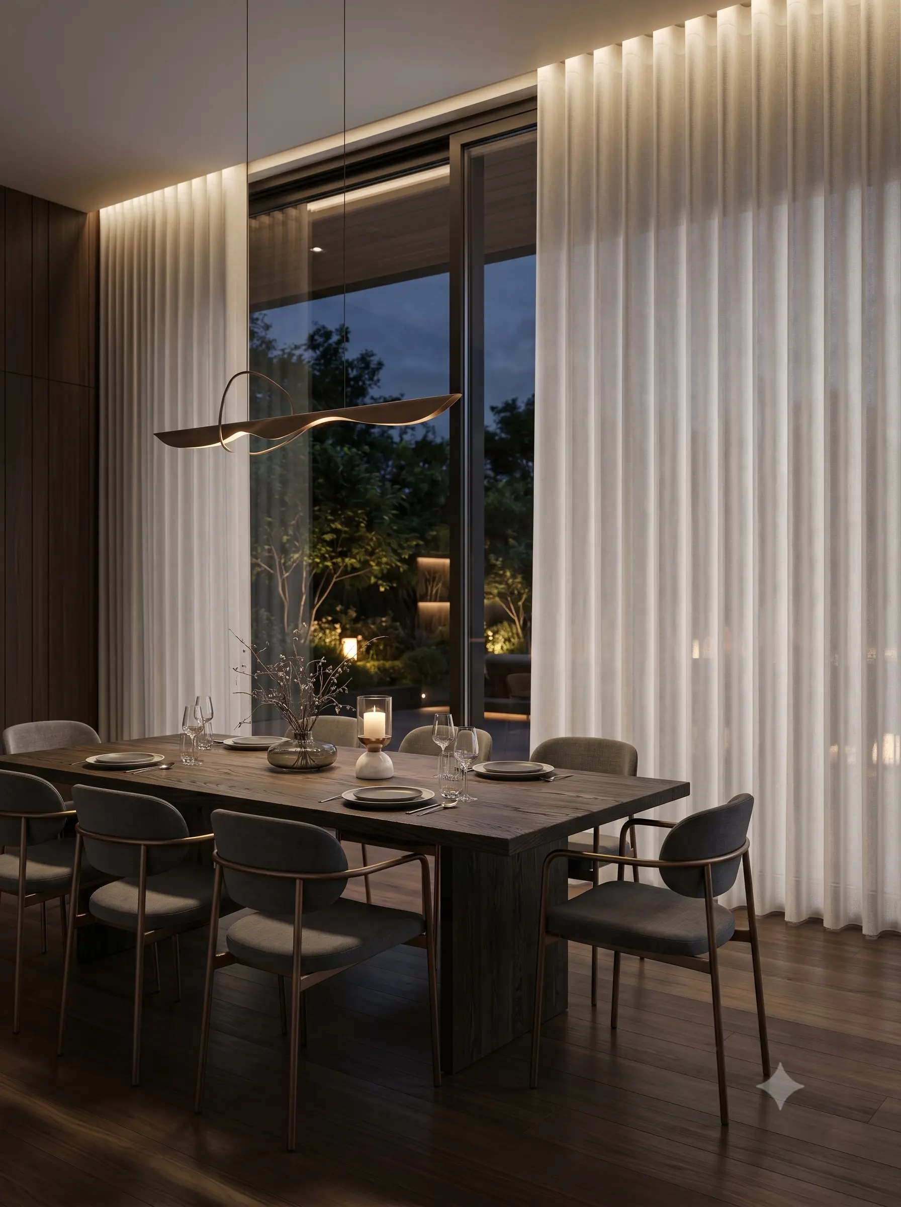 Sistema de cortinas en onda perfecta ALTISSIMO. Caída escultórica fluida y confección técnica artesanal con absorción acústica integrada.