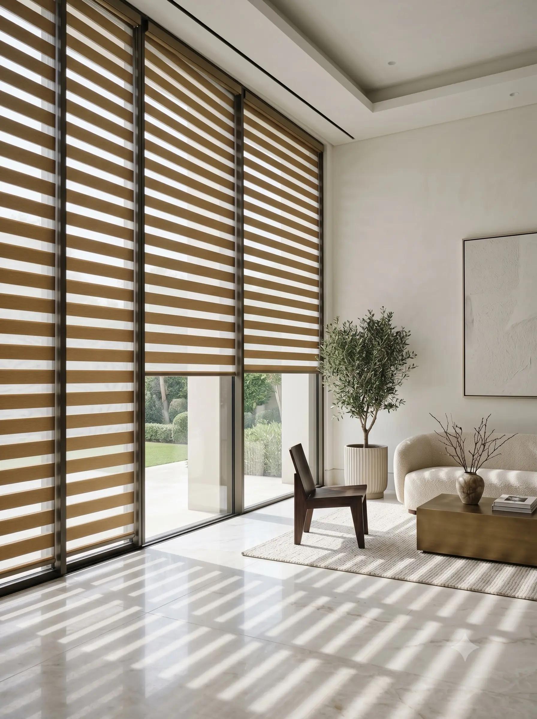 Sistema Sheer Elegance. Ingeniería de bandas horizontales alternadas en tejido premium para control lumínico absoluto.
